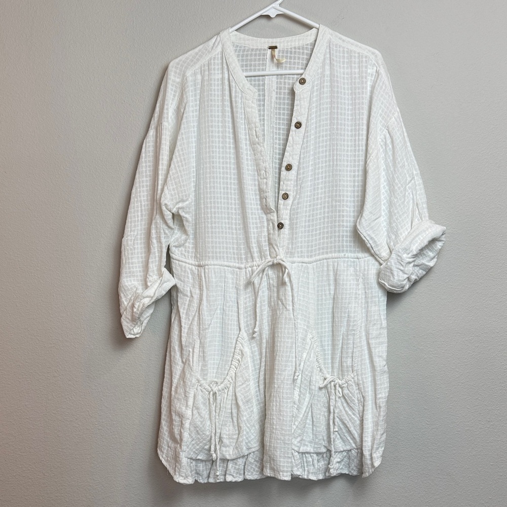 Free People White Boho Mini Dress with Ties & Pockets - L - Picture 2 of 11